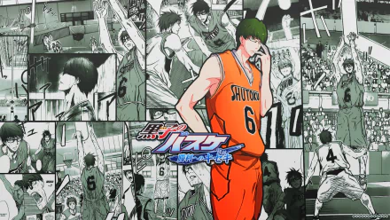 HD PC wallpaper of Shintarō Midorima from Kuroko's Basketball — standing in an orange Shutoku #6 jersey against a collage of black-and-white manga panels.