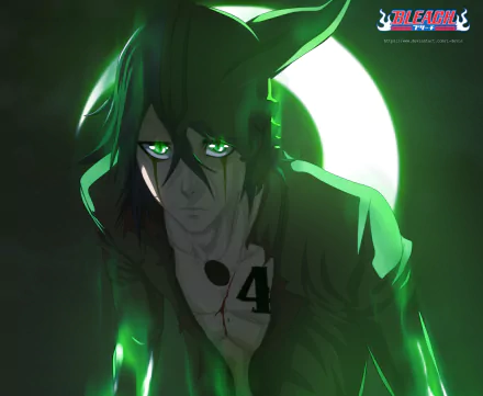 HD desktop wallpaper featuring Ulquiorra Cifer from the anime Bleach, illuminated by a glowing green crescent moon against a dark background.