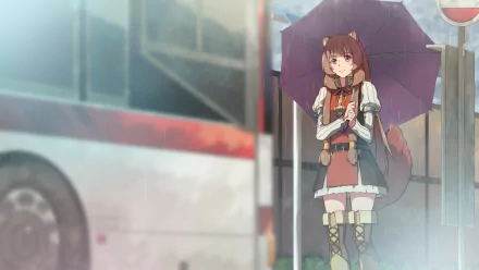 HD PC desktop wallpaper featuring Raphtalia from the anime The Rising of the Shield Hero, standing with an umbrella in a rainy urban setting.