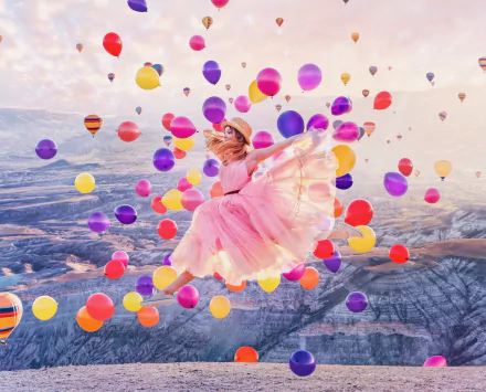 redhead pink dress dress hat jump balloon woman model HD Desktop Wallpaper | Background Image