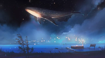 HD anime-style wallpaper featuring a fantastical scene of a glowing whale soaring over a moonlit, misty lake with boats and fireflies.