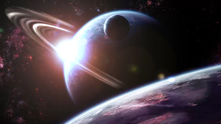 Sci-fi HD PC desktop wallpaper/background: a ringed planet and moon bathed in a bright stellar flare above a textured planetary horizon in deep space.