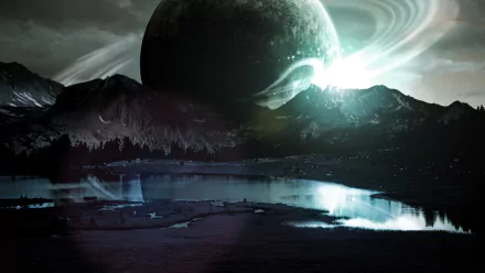 HD Sci-Fi desktop wallpaper showing a dramatic alien landscape with a reflective lake, rugged mountains, and a large ringed planet looming in the sky.
