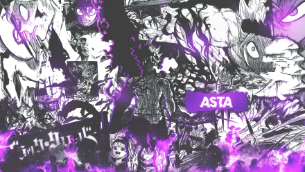 HD desktop wallpaper featuring Asta from the anime Black Clover, highlighted in dynamic purple and black artistic style.
