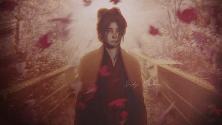4K Ultra HD Sekiro: Shadows Die Twice PC wallpaper featuring a samurai cloaked figure standing on a bridge surrounded by falling red leaves in a misty, serene setting.