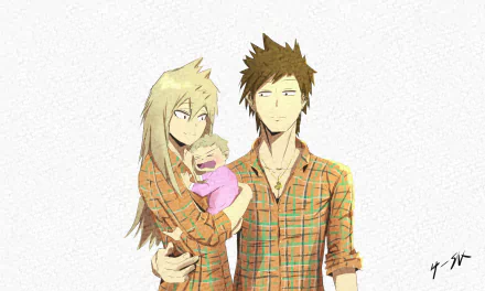 HD anime desktop wallpaper featuring Katsuki Bakugou, Masaru Bakugo, and Mitsuki Bakugo from My Hero Academia in a family portrait style.