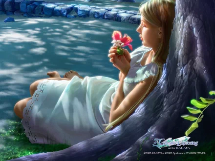 A fantasy-themed HD desktop wallpaper featuring a woman resting against a tree, gently holding flowers by a serene pond, surrounded by nature’s tranquil beauty.