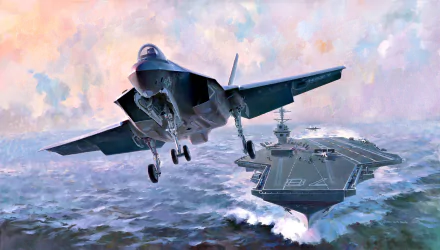 HD desktop wallpaper showing a Lockheed Martin F-35 Lightning II jet fighter flying over the USS Gerald R. Ford (CVN-78) aircraft carrier at sea.