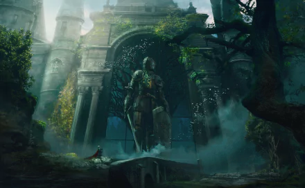 HD fantasy wallpaper featuring a towering armored knight statue in front of a grand, ancient castle, surrounded by lush greenery and a mystical atmosphere.