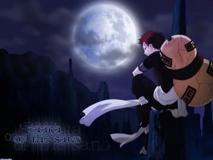 Gaara from Naruto sits on a rock at night, looking up at the moon. Text reads Gaara of the Sand. This HD wallpaper and anime background captures a serene and contemplative moment under a starry sky.