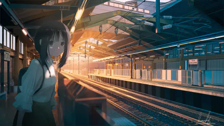 Anime-style 4K Ultra HD desktop wallpaper featuring a serene train station bathed in warm sunset light with a girl standing near the platform edge.
