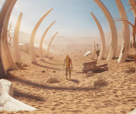 HD PC desktop wallpaper from the video game Fortnite, featuring a lone character walking through a desert landscape framed by large curved bone structures.