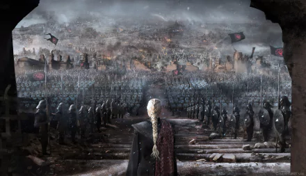 HD desktop wallpaper features Daenerys Targaryen from the TV show Game of Thrones, standing before an army with her back towards the viewer, overlooking a vast cityscape with soldiers and flags.