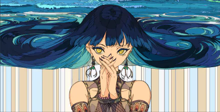 Anime-style original character with long dark hair and yellow eyes, wearing earrings, set against a stylized blue background. 4K Ultra HD PC desktop wallpaper.