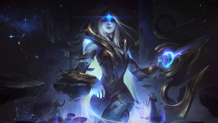 HD PC desktop wallpaper featuring Ashe from League of Legends, depicted with glowing blue elements and a mystical, cosmic background from the video game.