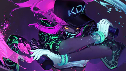 HD desktop wallpaper and background featuring K/DA Akali from League of Legends, showcasing her in vibrant colors with neon pink hair and a black cap.