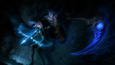 HD desktop wallpaper featuring Ashe and Kayn from League of Legends in dynamic, shadowy poses with glowing blue accents.