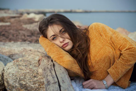 lying down brunette blue eyes depth of field woman model HD Desktop Wallpaper | Background Image
