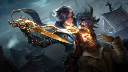 HD PC desktop wallpaper background of Mobile Legends: Bang Bang – a blue‑clad hero slashing a snarling werewolf with a glowing golden blade on stormy rooftop battlements.