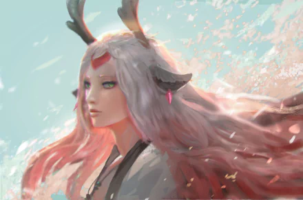 HD anime-style Onmyoji character with flowing pink hair and deer antlers against a soft sky background, designed as a PC desktop wallpaper.