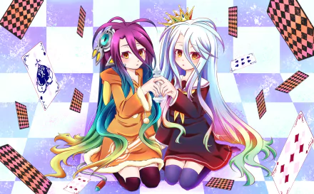 HD anime desktop wallpaper featuring Shuvi Dola and Shiro from No Game No Life: Zero, set against a vibrant background with playing cards floating around.
