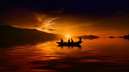 Silhouetted canoe with passengers glides across a lake at sunset, captured in stunning 8K Ultra HD for a vibrant PC desktop wallpaper.