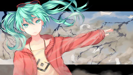4K Ultra HD anime desktop wallpaper featuring Hatsune Miku from Vocaloid with flowing teal hair and a red jacket against a textured, cracked background.