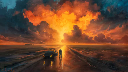 HD artistic painting of a lone figure and car on a road, framed by dramatic clouds glowing with vibrant orange and blue hues, designed as a PC desktop wallpaper and background.