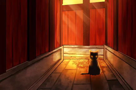 Anime-style black cat sits in warm sunshine streaming through red wooden walls, creating a serene HD PC desktop wallpaper background.