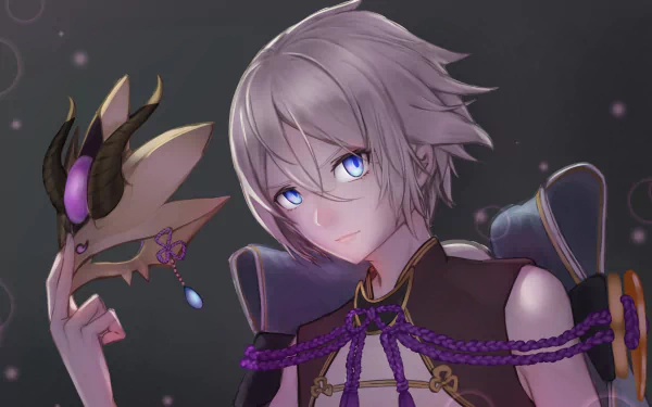 HD PC wallpaper of Lanling Wang (Saber, Fate/Grand Order): anime portrait holding an ornate mask, silver hair and blue eyes, wearing a dark outfit with purple cords.