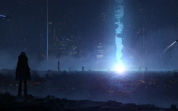 HD desktop wallpaper featuring a futuristic cityscape with a lone anime character gazing at a bright sci-fi skyline under a starry night.