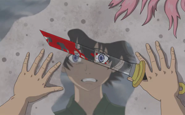HD anime desktop wallpaper featuring Yukiteru Amano from Mirai Nikki, with a dramatic close-up of a blood-stained knife reflecting his intense eyes.