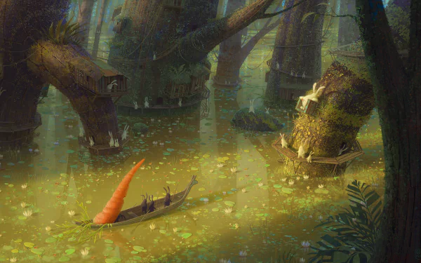 HD fantasy wallpaper featuring a serene lake with giant tree roots, rabbits, and a boat carrying a large carrot, blending natural and urban elements. Ideal background for desktops.