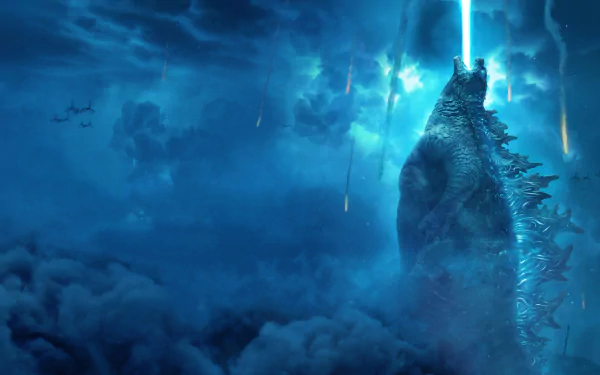 Godzilla unleashing a powerful blue atomic beam into the stormy sky, captured in stunning 8K Ultra HD for the Godzilla: King of the Monsters movie wallpaper.