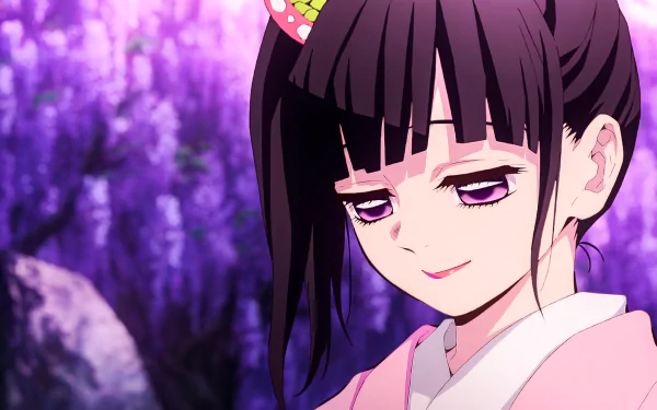 HD desktop wallpaper featuring Kanao Tsuyuri from Demon Slayer: Kimetsu no Yaiba, set against a serene, purple background.