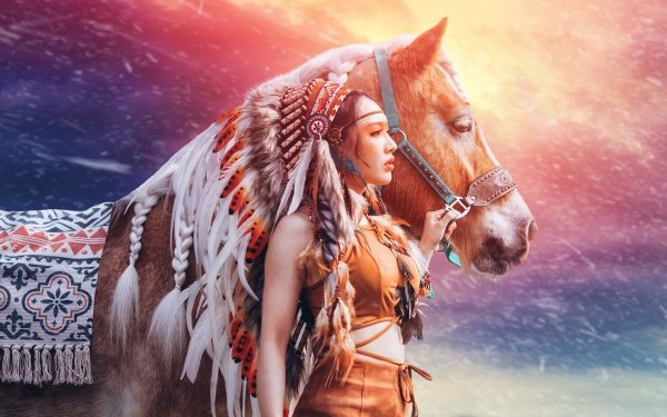 Women Native American Model Asian Horse Headdress HD Wallpaper | Background Image