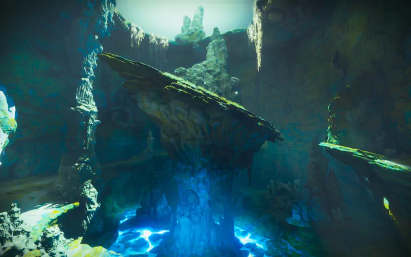 A stunning 4K Ultra HD PC desktop wallpaper featuring a mysterious, rocky cavern with glowing blue water from the video game Destiny 2: Forsaken.