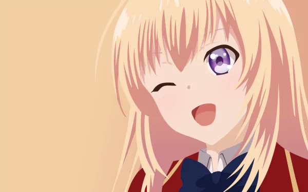 HD PC wallpaper of Honami Ichinose (Classroom of the Elite): blonde hair and purple eyes, winking with a cheerful smile against a soft anime classroom background.