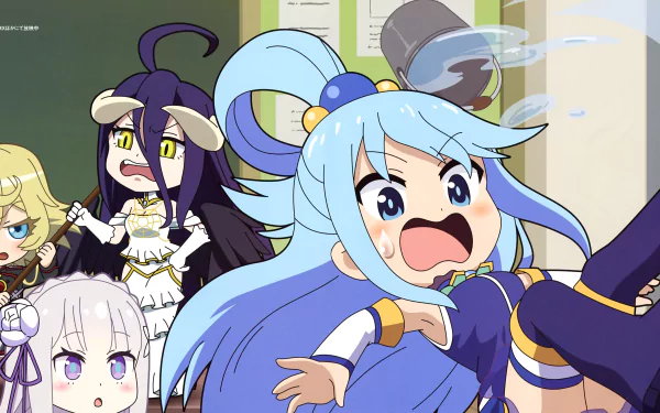 Isekai Quartet HD desktop wallpaper featuring Tanya Degurechaff, Emilia from Re:Zero, Aqua from KonoSuba, and Albedo from Overlord in a humorous anime scene.