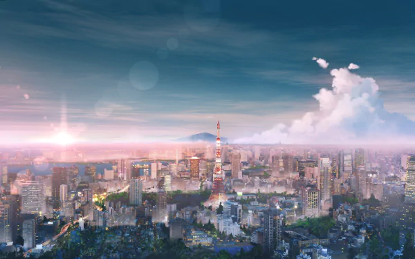 HD wallpaper of a vibrant anime-inspired depiction of Tokyo, showcasing a detailed cityscape bathed in a mystical sunrise.