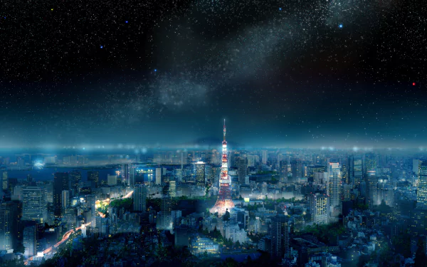 HD anime-inspired wallpaper featuring a breathtaking night view of Tokyo's cityscape, with a star-filled sky and illuminated buildings, creating a serene and captivating atmosphere.