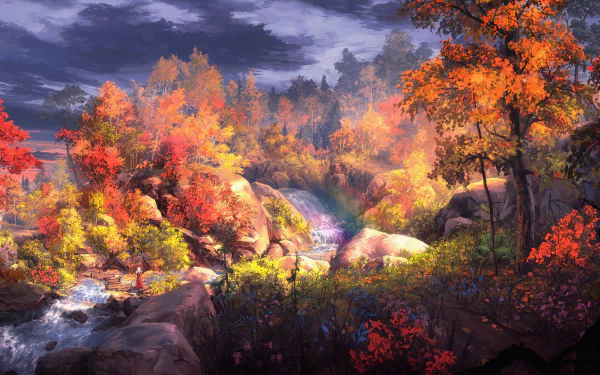 HD fantasy wallpaper of a warrior woman in a vibrant autumn forest, near a flowing river. The landscape is adorned with colorful fall foliage, creating a captivating and vivid scene.