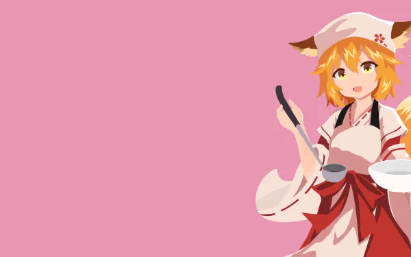 Minimalist HD desktop wallpaper of Senko-san from The Helpful Fox Senko-san, featuring her with orange hair, yellow eyes, animal ears, a headdress, and holding a bowl and ladle against a pink background.