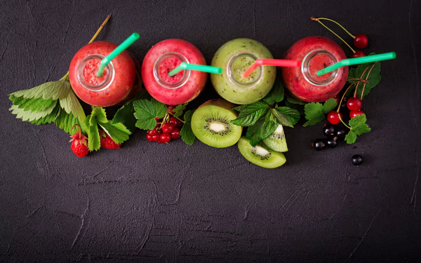 straw leaf raspberry cherry kiwi fruit still life drink food smoothie HD Desktop Wallpaper | Background Image