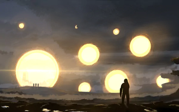 Cinematic landscape HD PC desktop wallpaper from the Avengers EndGame movie: silhouette walks across a rocky shore toward colossal glowing orbs rising in a moody sky.