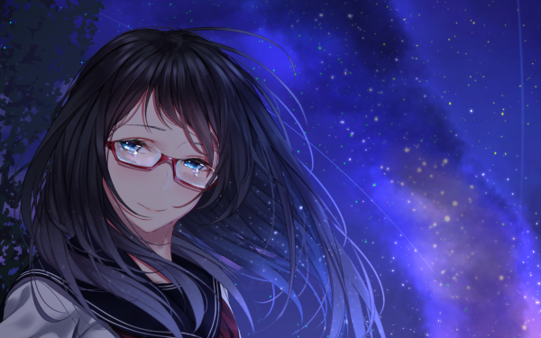 Anime Original Stars Night Glasses Blue Eyes School Uniform Black Hair Tears HD Wallpaper | Background Image
