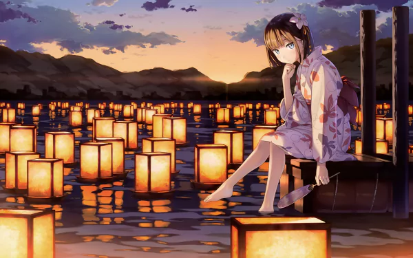 Anime girl with brown hair and blue eyes in a kimono sits by a lake with floating lanterns at dusk, framed by mountains in the background.