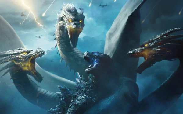 HD wallpaper featuring an epic battle scene from the movie Godzilla: King of the Monsters, showing Godzilla facing off against the three-headed monster, King Ghidorah, in a dramatic, stormy sky.