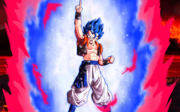 A 4K Ultra HD desktop wallpaper featuring Gogeta in Super Saiyan Blue form from Dragon Ball Super: Broly, surrounded by crackling blue and red energy aura.