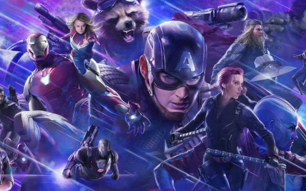 HD desktop wallpaper and background featuring characters from the movie Avengers: Endgame, including Captain America, Iron Man, Thor, Black Widow, and Rocket Raccoon in an action-packed scene.